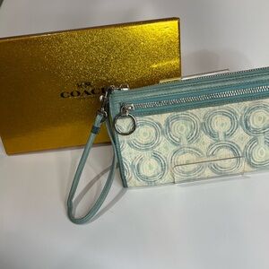 COACH VINTAGE CANVAS, LEATHER TRIM & LEATHER INTERIOR WRISTLET WALLET